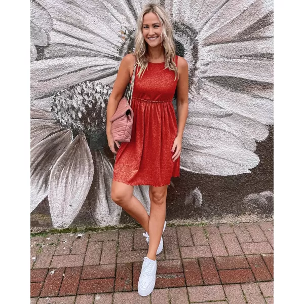 imageBTFBM Women Sleeveless Summer Dress 2023 Crewneck Ribbed Knit Ruffle Swing Button Down Beach Sun Mini Tank Short DressesSolid Orange Red