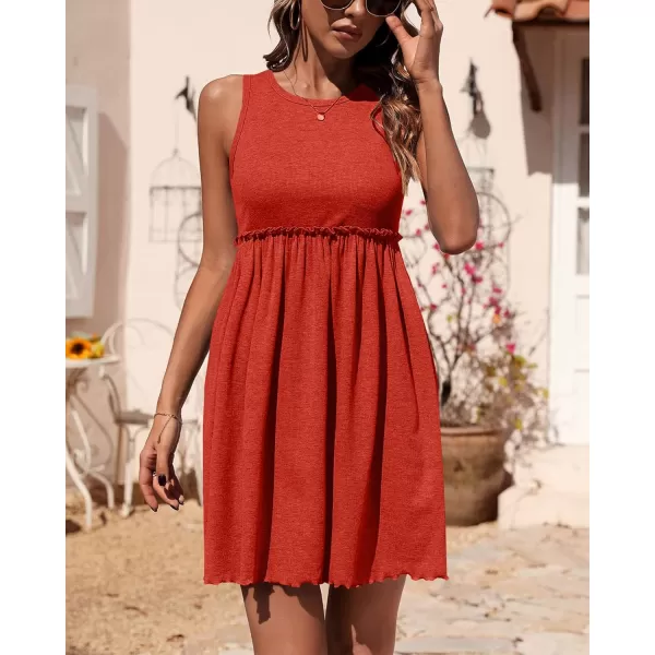 imageBTFBM Women Sleeveless Summer Dress 2023 Crewneck Ribbed Knit Ruffle Swing Button Down Beach Sun Mini Tank Short DressesSolid Orange Red