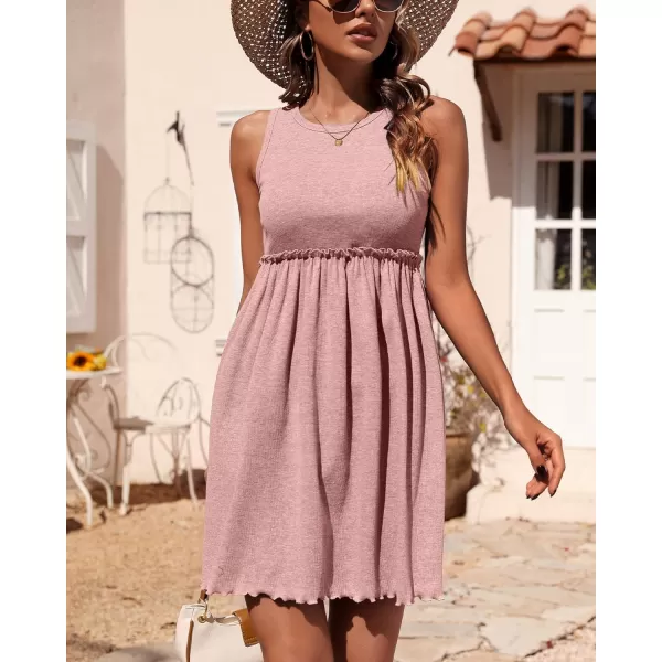 imageBTFBM Women Sleeveless Summer Dress 2023 Crewneck Ribbed Knit Ruffle Swing Button Down Beach Sun Mini Tank Short DressesSolid Pink