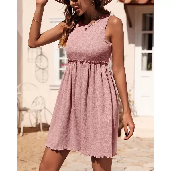 imageBTFBM Women Sleeveless Summer Dress 2023 Crewneck Ribbed Knit Ruffle Swing Button Down Beach Sun Mini Tank Short DressesSolid Pink