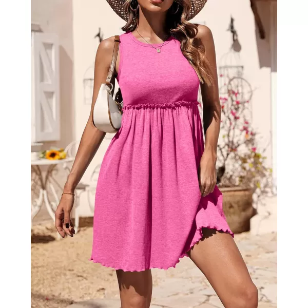 imageBTFBM Women Sleeveless Summer Dress 2023 Crewneck Ribbed Knit Ruffle Swing Button Down Beach Sun Mini Tank Short DressesSolid Rose Pink