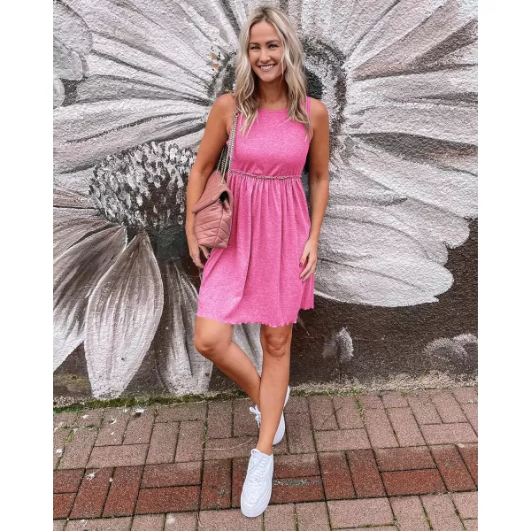 imageBTFBM Women Sleeveless Summer Dress 2023 Crewneck Ribbed Knit Ruffle Swing Button Down Beach Sun Mini Tank Short DressesSolid Rose Pink