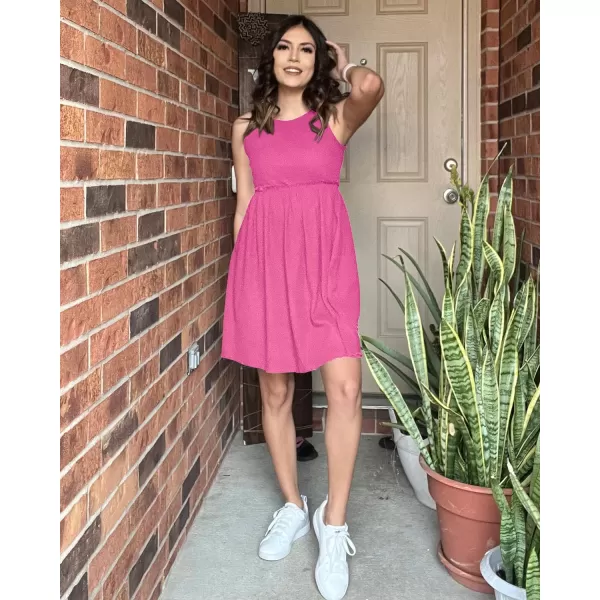 imageBTFBM Women Sleeveless Summer Dress 2023 Crewneck Ribbed Knit Ruffle Swing Button Down Beach Sun Mini Tank Short DressesSolid Rose Pink