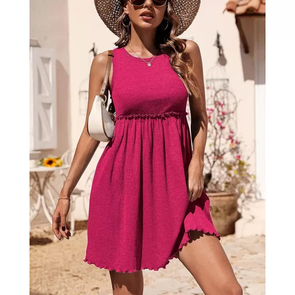 imageBTFBM Women Sleeveless Summer Dress 2023 Crewneck Ribbed Knit Ruffle Swing Button Down Beach Sun Mini Tank Short DressesSolid Rose Red