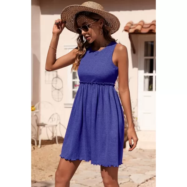 imageBTFBM Women Sleeveless Summer Dress 2023 Crewneck Ribbed Knit Ruffle Swing Button Down Beach Sun Mini Tank Short DressesSolid Royal Blue