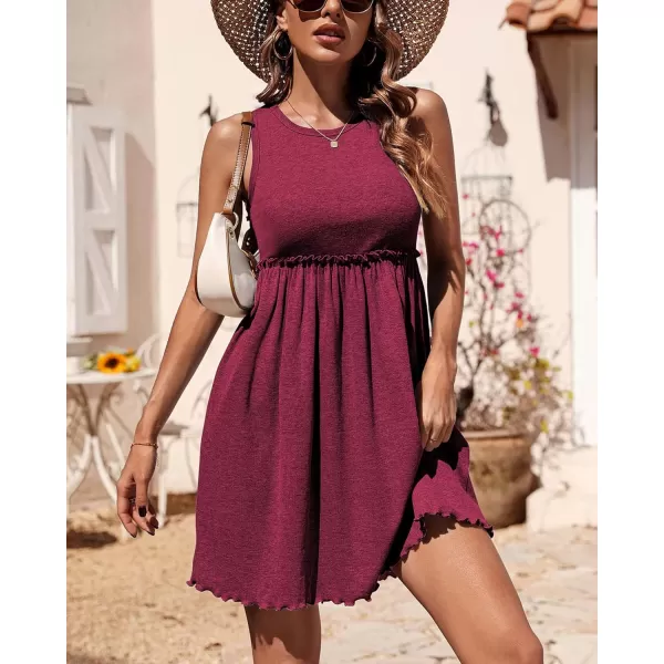 imageBTFBM Women Sleeveless Summer Dress 2023 Crewneck Ribbed Knit Ruffle Swing Button Down Beach Sun Mini Tank Short DressesSolid Wine Red