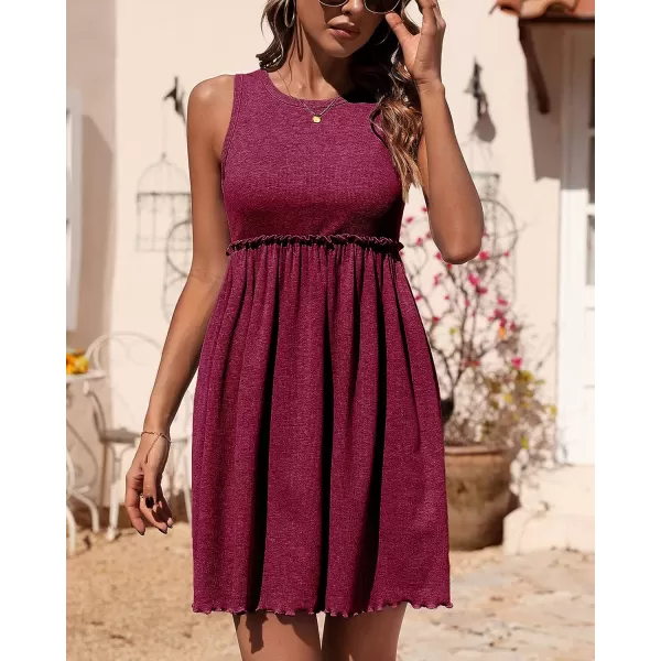 imageBTFBM Women Sleeveless Summer Dress 2023 Crewneck Ribbed Knit Ruffle Swing Button Down Beach Sun Mini Tank Short DressesSolid Wine Red