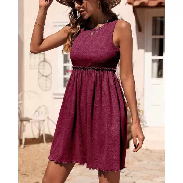 imageBTFBM Women Sleeveless Summer Dress 2023 Crewneck Ribbed Knit Ruffle Swing Button Down Beach Sun Mini Tank Short DressesSolid Wine Red