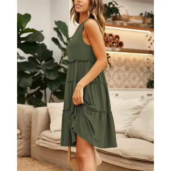 imageBTFBM Women Sleeveless Summer Dress 2023 Crewneck Ribbed Knit Ruffle Swing Button Down Beach Sun Mini Tank Short DressesTiered Army Green