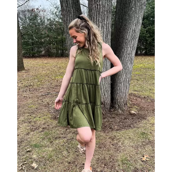 imageBTFBM Women Sleeveless Summer Dress 2023 Crewneck Ribbed Knit Ruffle Swing Button Down Beach Sun Mini Tank Short DressesTiered Army Green