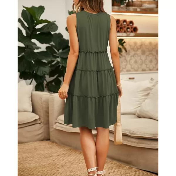 imageBTFBM Women Sleeveless Summer Dress 2023 Crewneck Ribbed Knit Ruffle Swing Button Down Beach Sun Mini Tank Short DressesTiered Army Green