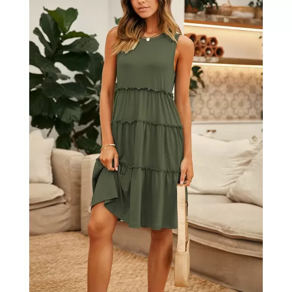 imageBTFBM Women Sleeveless Summer Dress 2023 Crewneck Ribbed Knit Ruffle Swing Button Down Beach Sun Mini Tank Short DressesTiered Army Green