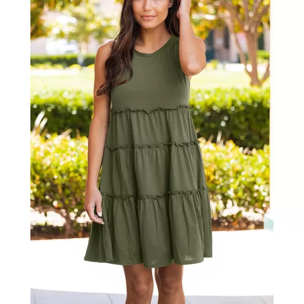 imageBTFBM Women Sleeveless Summer Dress 2023 Crewneck Ribbed Knit Ruffle Swing Button Down Beach Sun Mini Tank Short DressesTiered Army Green