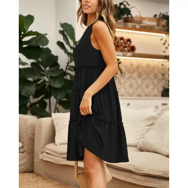 imageBTFBM Women Sleeveless Summer Dress 2023 Crewneck Ribbed Knit Ruffle Swing Button Down Beach Sun Mini Tank Short DressesTiered Black