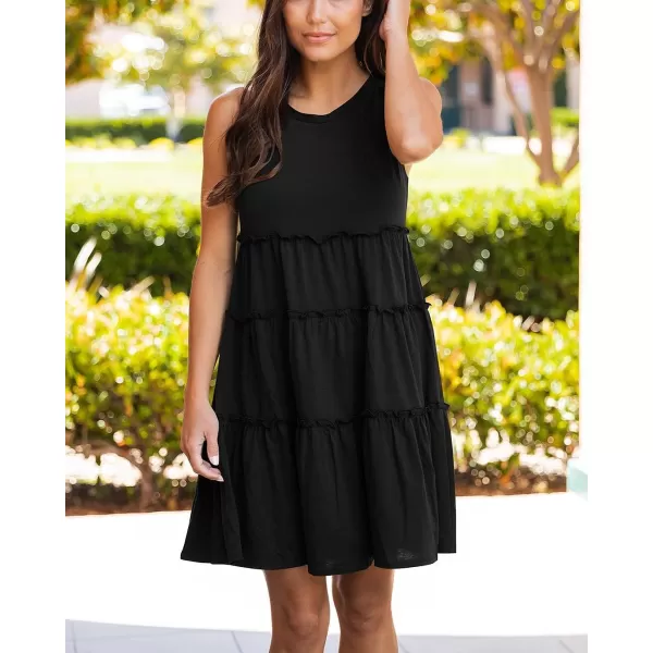 imageBTFBM Women Sleeveless Summer Dress 2023 Crewneck Ribbed Knit Ruffle Swing Button Down Beach Sun Mini Tank Short DressesTiered Black