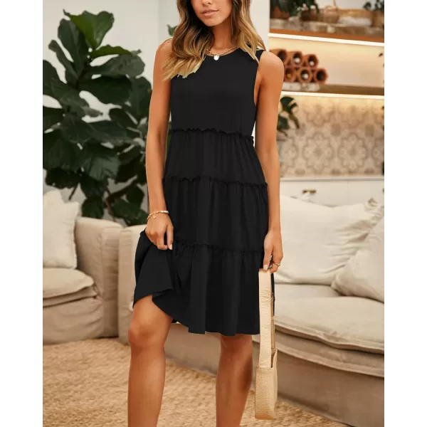imageBTFBM Women Sleeveless Summer Dress 2023 Crewneck Ribbed Knit Ruffle Swing Button Down Beach Sun Mini Tank Short DressesTiered Black