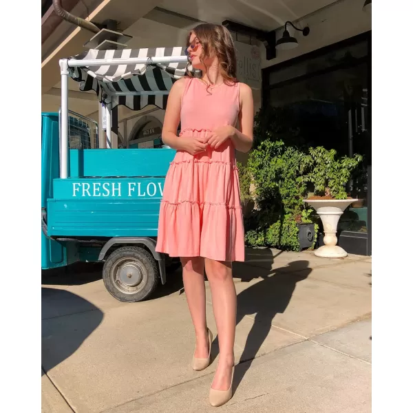 imageBTFBM Women Sleeveless Summer Dress 2023 Crewneck Ribbed Knit Ruffle Swing Button Down Beach Sun Mini Tank Short DressesTiered Coral Pink