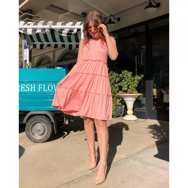 imageBTFBM Women Sleeveless Summer Dress 2023 Crewneck Ribbed Knit Ruffle Swing Button Down Beach Sun Mini Tank Short DressesTiered Coral Pink