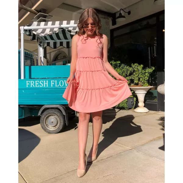 imageBTFBM Women Sleeveless Summer Dress 2023 Crewneck Ribbed Knit Ruffle Swing Button Down Beach Sun Mini Tank Short DressesTiered Coral Pink