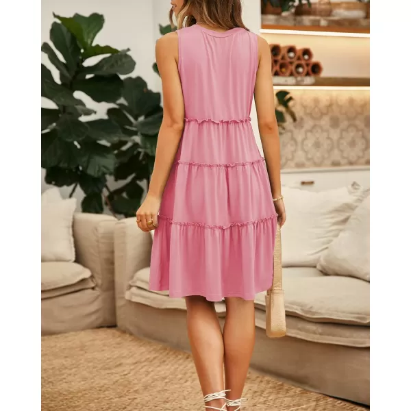 imageBTFBM Women Sleeveless Summer Dress 2023 Crewneck Ribbed Knit Ruffle Swing Button Down Beach Sun Mini Tank Short DressesTiered Coral Pink