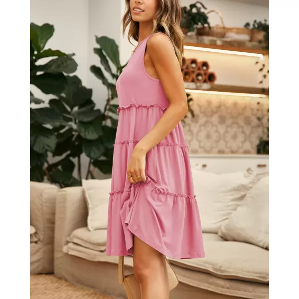 imageBTFBM Women Sleeveless Summer Dress 2023 Crewneck Ribbed Knit Ruffle Swing Button Down Beach Sun Mini Tank Short DressesTiered Coral Pink