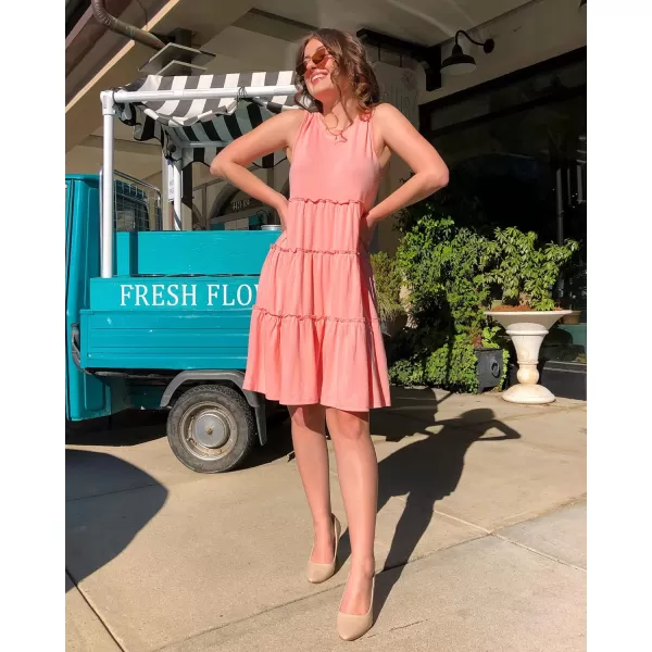 imageBTFBM Women Sleeveless Summer Dress 2023 Crewneck Ribbed Knit Ruffle Swing Button Down Beach Sun Mini Tank Short DressesTiered Coral Pink