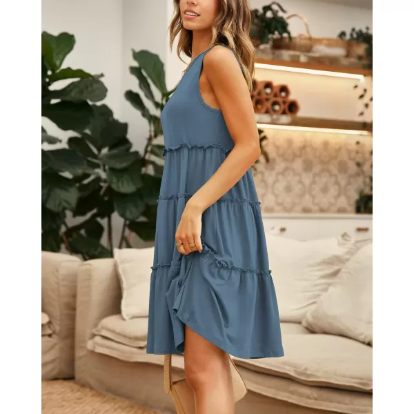 imageBTFBM Women Sleeveless Summer Dress 2023 Crewneck Ribbed Knit Ruffle Swing Button Down Beach Sun Mini Tank Short DressesTiered Lake Blue