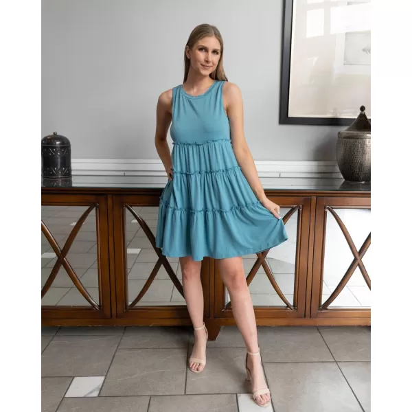 imageBTFBM Women Sleeveless Summer Dress 2023 Crewneck Ribbed Knit Ruffle Swing Button Down Beach Sun Mini Tank Short DressesTiered Lake Blue