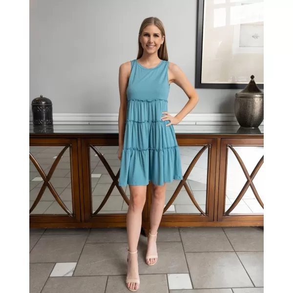 imageBTFBM Women Sleeveless Summer Dress 2023 Crewneck Ribbed Knit Ruffle Swing Button Down Beach Sun Mini Tank Short DressesTiered Lake Blue