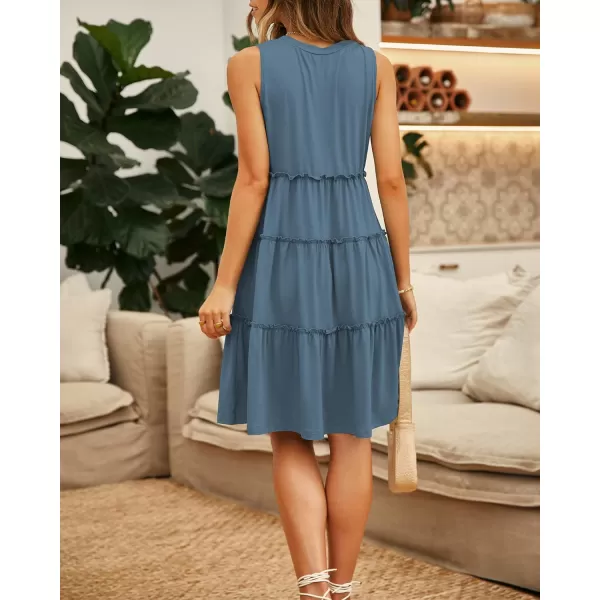 imageBTFBM Women Sleeveless Summer Dress 2023 Crewneck Ribbed Knit Ruffle Swing Button Down Beach Sun Mini Tank Short DressesTiered Lake Blue