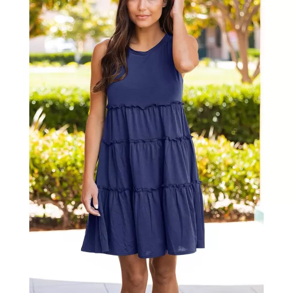 imageBTFBM Women Sleeveless Summer Dress 2023 Crewneck Ribbed Knit Ruffle Swing Button Down Beach Sun Mini Tank Short DressesTiered Navy