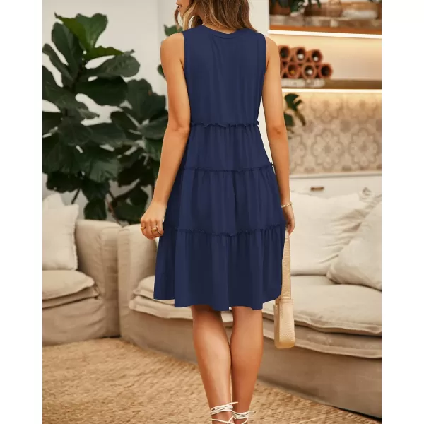 imageBTFBM Women Sleeveless Summer Dress 2023 Crewneck Ribbed Knit Ruffle Swing Button Down Beach Sun Mini Tank Short DressesTiered Navy