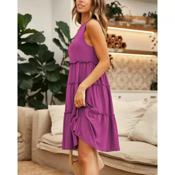 imageBTFBM Women Sleeveless Summer Dress 2023 Crewneck Ribbed Knit Ruffle Swing Button Down Beach Sun Mini Tank Short DressesTiered Rose Red