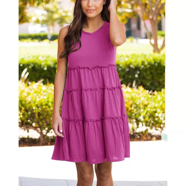 imageBTFBM Women Sleeveless Summer Dress 2023 Crewneck Ribbed Knit Ruffle Swing Button Down Beach Sun Mini Tank Short DressesTiered Rose Red