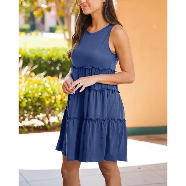 imageBTFBM Women Sleeveless Summer Dress 2023 Crewneck Ribbed Knit Ruffle Swing Button Down Beach Sun Mini Tank Short DressesTiered Royal Blue