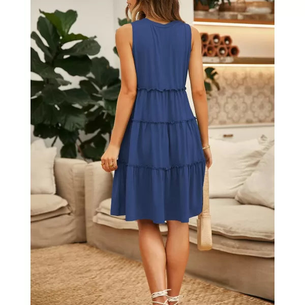 imageBTFBM Women Sleeveless Summer Dress 2023 Crewneck Ribbed Knit Ruffle Swing Button Down Beach Sun Mini Tank Short DressesTiered Royal Blue