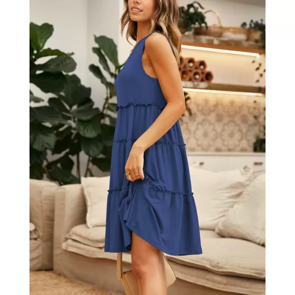 imageBTFBM Women Sleeveless Summer Dress 2023 Crewneck Ribbed Knit Ruffle Swing Button Down Beach Sun Mini Tank Short DressesTiered Royal Blue