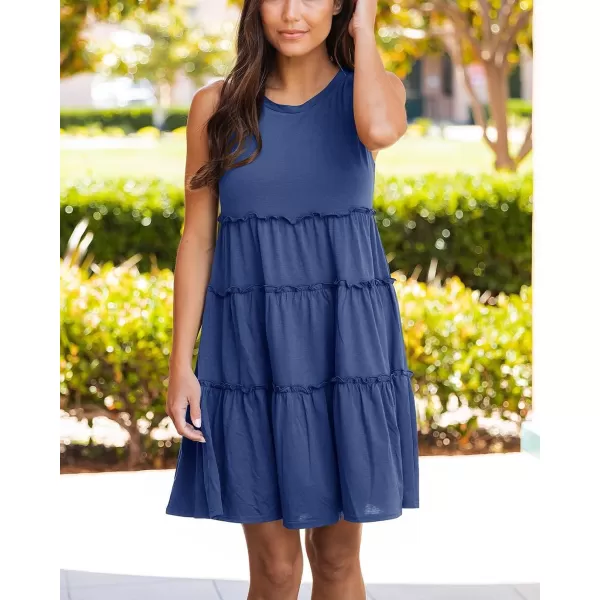 imageBTFBM Women Sleeveless Summer Dress 2023 Crewneck Ribbed Knit Ruffle Swing Button Down Beach Sun Mini Tank Short DressesTiered Royal Blue