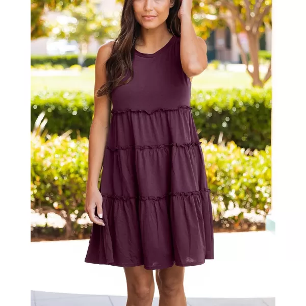 imageBTFBM Women Sleeveless Summer Dress 2023 Crewneck Ribbed Knit Ruffle Swing Button Down Beach Sun Mini Tank Short DressesTiered Wine Red