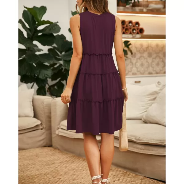 imageBTFBM Women Sleeveless Summer Dress 2023 Crewneck Ribbed Knit Ruffle Swing Button Down Beach Sun Mini Tank Short DressesTiered Wine Red