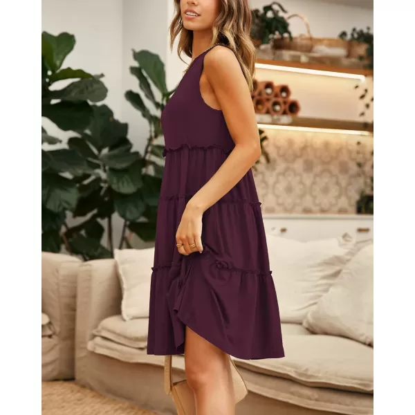 imageBTFBM Women Sleeveless Summer Dress 2023 Crewneck Ribbed Knit Ruffle Swing Button Down Beach Sun Mini Tank Short DressesTiered Wine Red