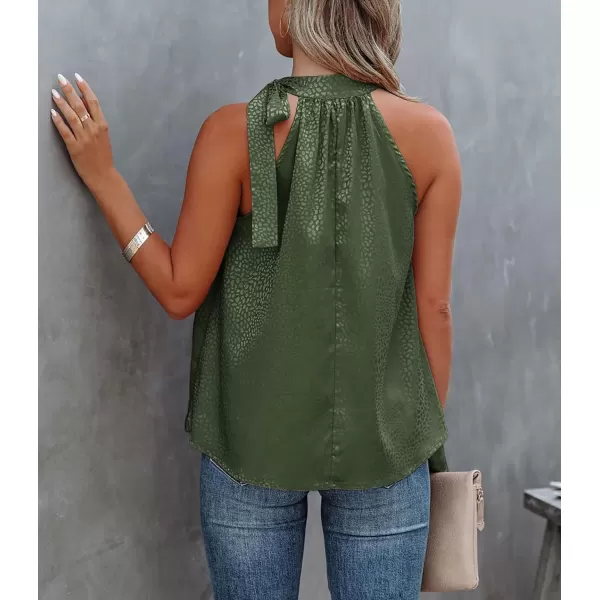 imageBTFBM Women Sleeveless Tie Mock Neck Summer Tops Loose Casual Side Bow Satin Halter Tank Top Blouse ShirtsHalter Army Green