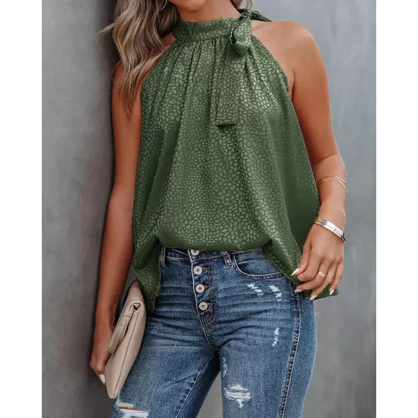 imageBTFBM Women Sleeveless Tie Mock Neck Summer Tops Loose Casual Side Bow Satin Halter Tank Top Blouse ShirtsHalter Army Green