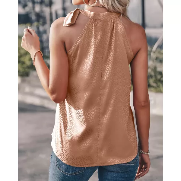 imageBTFBM Women Sleeveless Tie Mock Neck Summer Tops Loose Casual Side Bow Satin Halter Tank Top Blouse ShirtsHalter Champagne