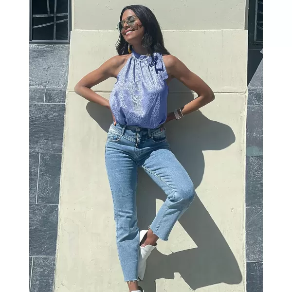 imageBTFBM Women Sleeveless Tie Mock Neck Summer Tops Loose Casual Side Bow Satin Halter Tank Top Blouse ShirtsHalter Dark Blue