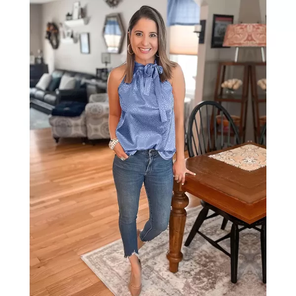 imageBTFBM Women Sleeveless Tie Mock Neck Summer Tops Loose Casual Side Bow Satin Halter Tank Top Blouse ShirtsHalter Dark Blue