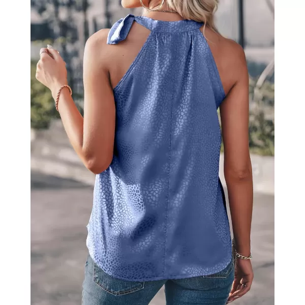 imageBTFBM Women Sleeveless Tie Mock Neck Summer Tops Loose Casual Side Bow Satin Halter Tank Top Blouse ShirtsHalter Dark Blue