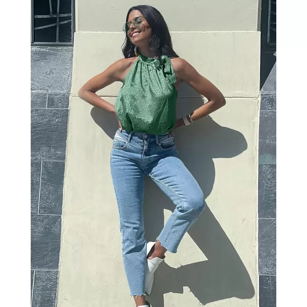 imageBTFBM Women Sleeveless Tie Mock Neck Summer Tops Loose Casual Side Bow Satin Halter Tank Top Blouse ShirtsHalter Dark Green