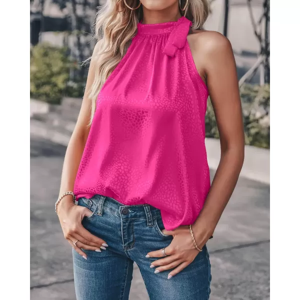 imageBTFBM Women Sleeveless Tie Mock Neck Summer Tops Loose Casual Side Bow Satin Halter Tank Top Blouse ShirtsHalter Rose Red
