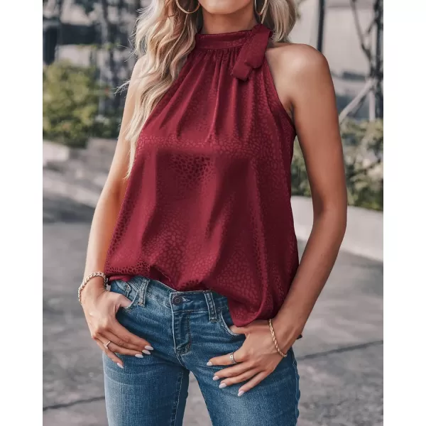 imageBTFBM Women Sleeveless Tie Mock Neck Summer Tops Loose Casual Side Bow Satin Halter Tank Top Blouse ShirtsHalter Wine Red